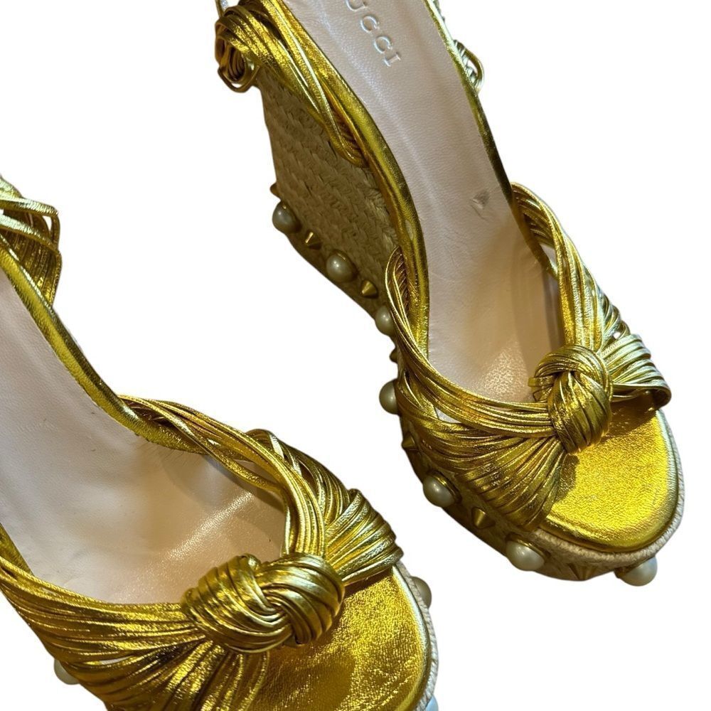 Gucci Barbette Knotted Leather Gold Metallic Pearl Platform Wedge Sandals - Picture 11 of 15